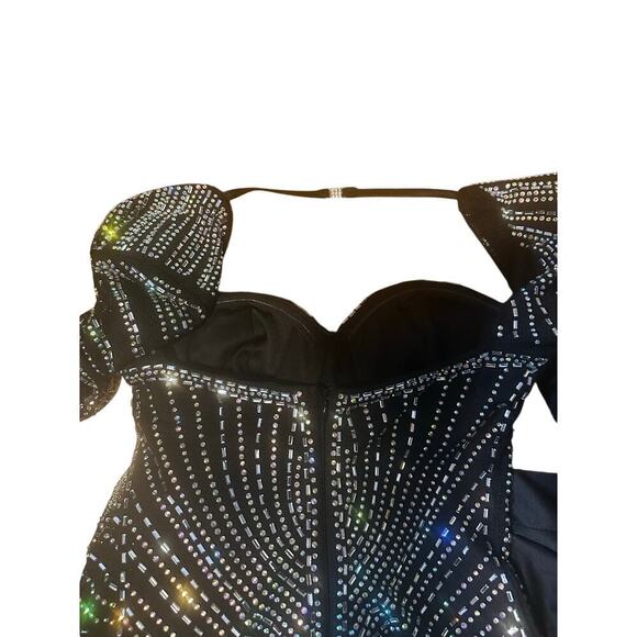 Banful Women's Long Sleeve Rhinestones Mesh Bodycon Sexy club Party Prom Dress. - Picture 5 of 7